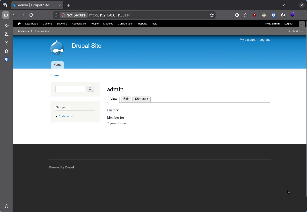 Pagina de usuario admin do Drupal