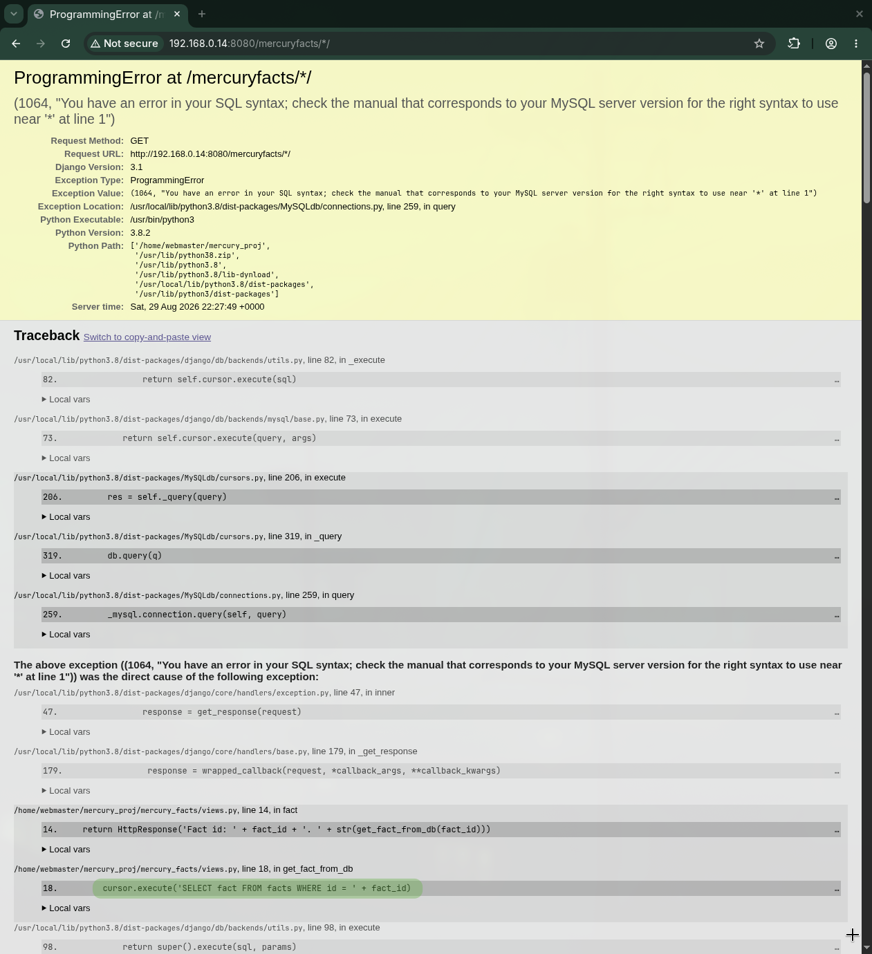 Print da aplicação web evidenciando um erro de consulta SQL