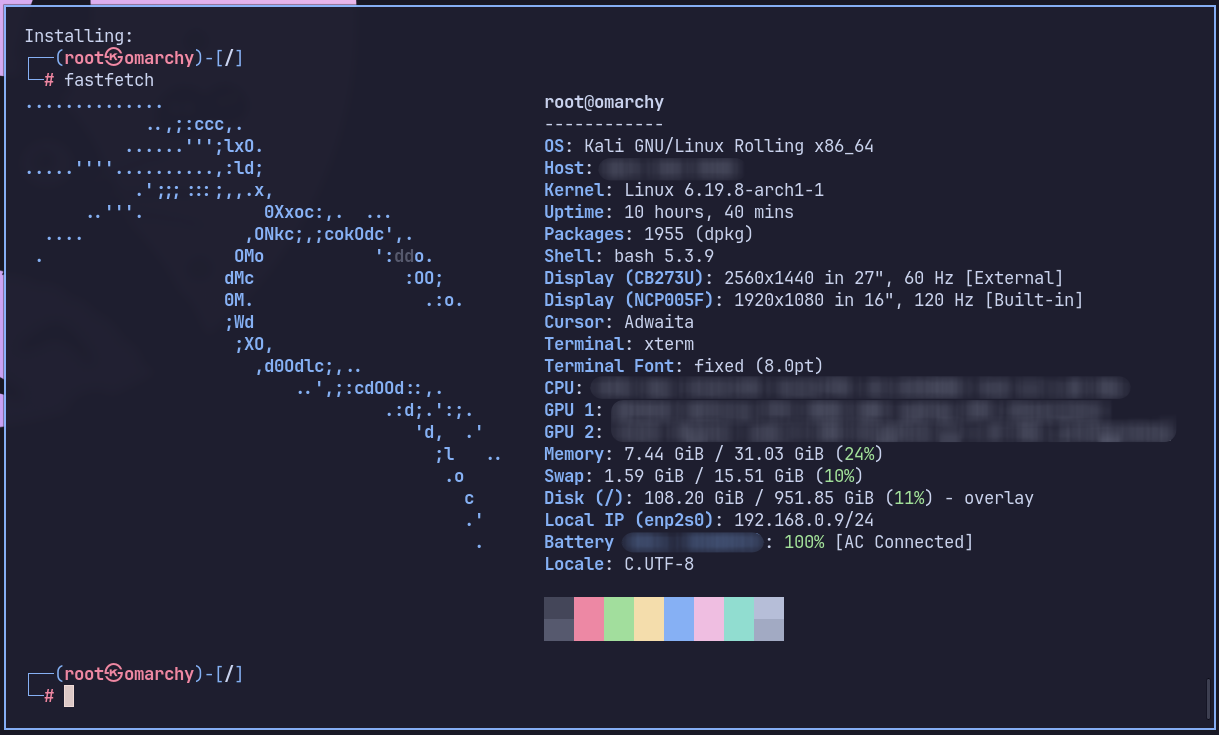 output do comand fastfetch no kali linux