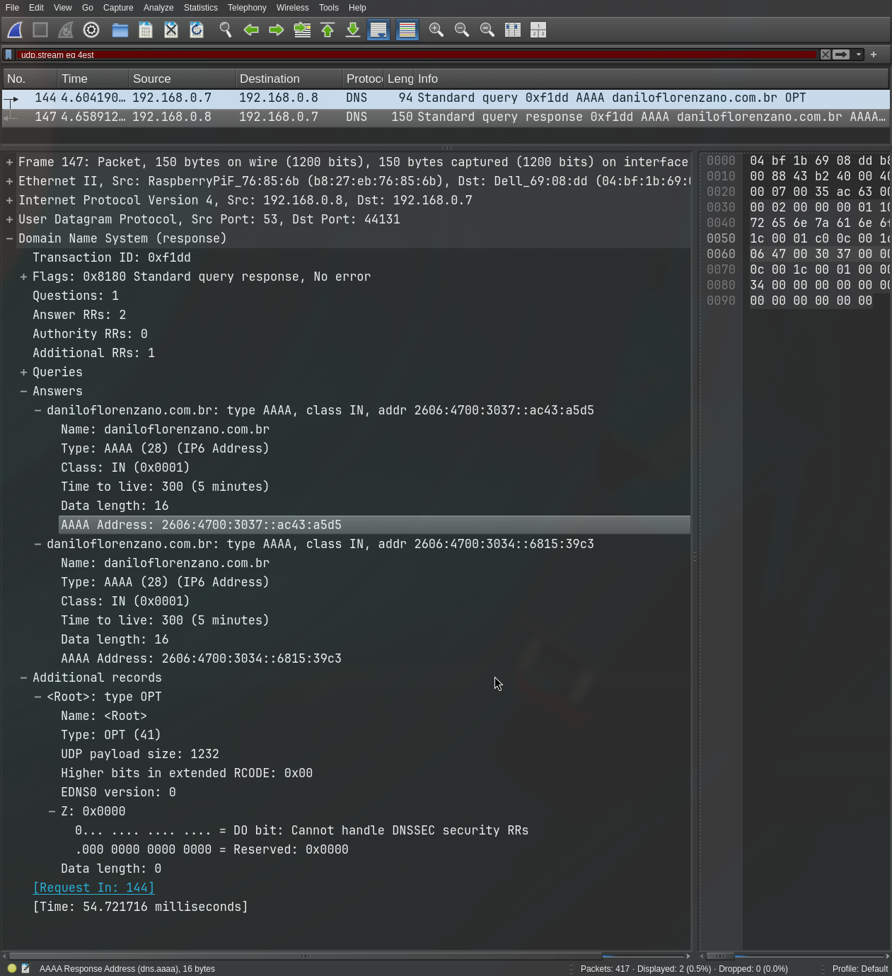 Wireshark DNS UDP stream